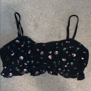 Black lace multi-colored flower crop top